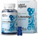 Wild & Organic L-Methylfolat 15mg Gummies - Mood & Brain Dukung 5-MTHF Support for Brain, Focus, Clarity - Floid Supplemen w / Vitamin B9- 60 NN-GMO L Methyfolat