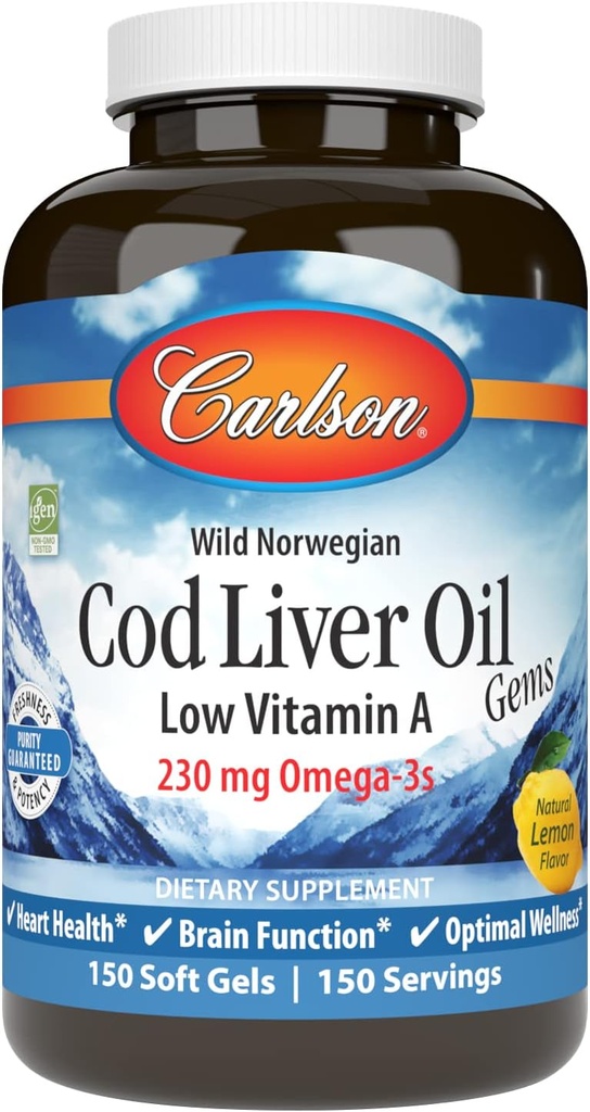 Carlson - Cod Liver Oil Gems, 低维生素A, 230 mg Omega-3s, 挪威语, Wild Caught, 可持续来源, 150 软胶