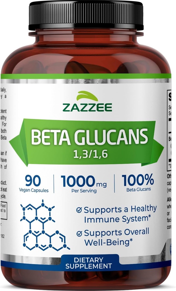 Zazzee Extra Forza 1,3/1,6 Beta Glucans, 1000 mg, 100% Concentrato, 90 Vegan Capsule, Supporta un sistema immunitario sano, 100% Vegetariano, All-Naturale e Non-OGM
