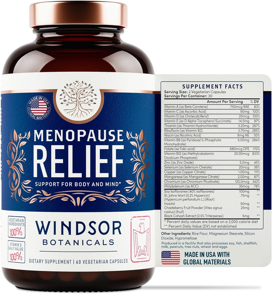 Suplemen Menopause bagi Perempuan - Windsor Botanicals Multivitamin dengan Chastebrry, Black Cohosh untuk Hot Flashes, Menopause Relief dan Hormone Balance for Women - 60 Natural Progesterone Estrogen Pills