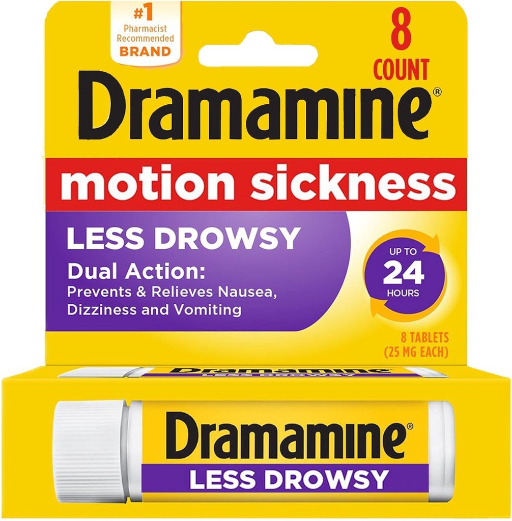 Dramamine All Day Less Drowsy Motion Sickness Relief, 8 Tablets (Pack of 4)