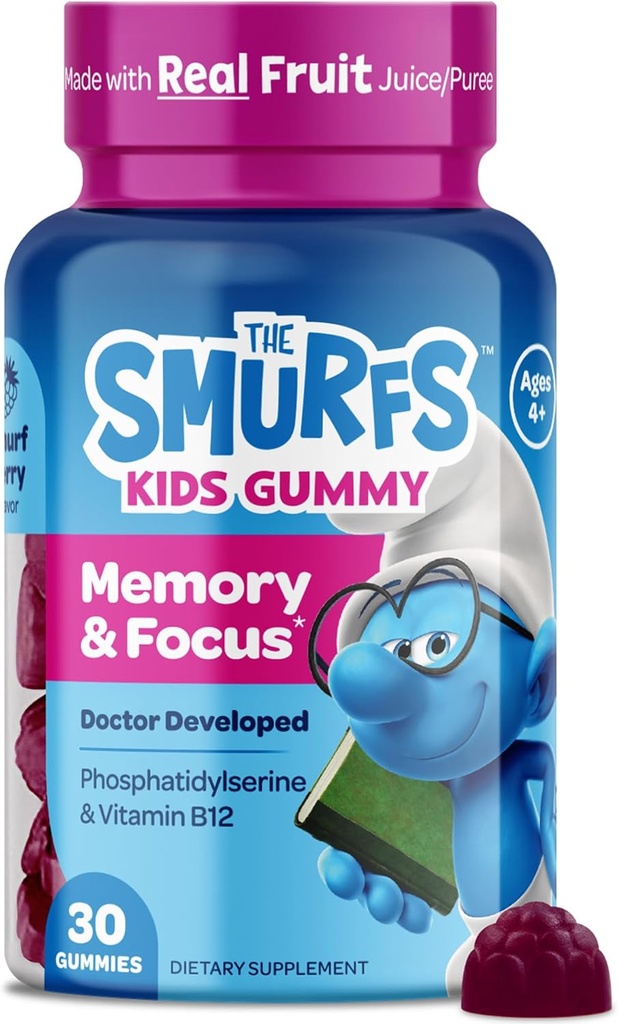 아이를 위한 Smurfs 초점 Gummies | 아이 Focus and Attention Supplement with Phosphatidylserine | 실제 과일로 만든 | 의사 개발 | 비 GMO 및 인공 향이나 색상 | 30 Gummies