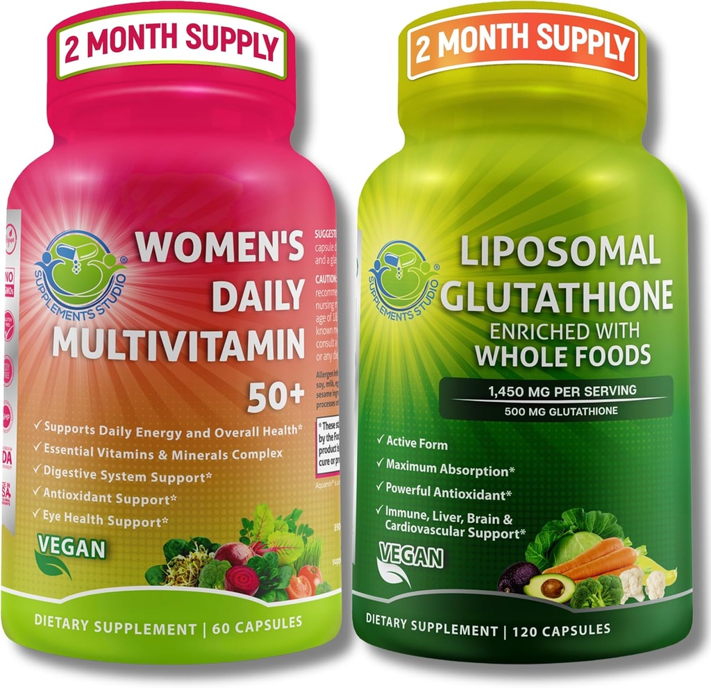 СУПЛЕМЕНТЫ STUDIO Antioxidant, Cellular & Immune Support Bundle - Women's Daily Multivitamin 50+ с органическими суперпродуктами + Liposomal Glutathione 500mg - Vegan, Non-GMO, Clean Label