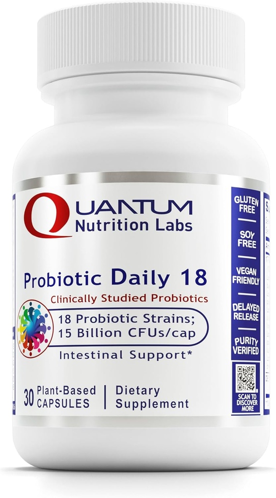 Quantum Nutrition Labs Probiotic Daily 18 - Probiotics for Digestive Health, Probiotics for Women and Men with Lactobacillus Acidophilus, Reuteri for Healthy Gut Microbiome - 30 Vegetarian Capsules