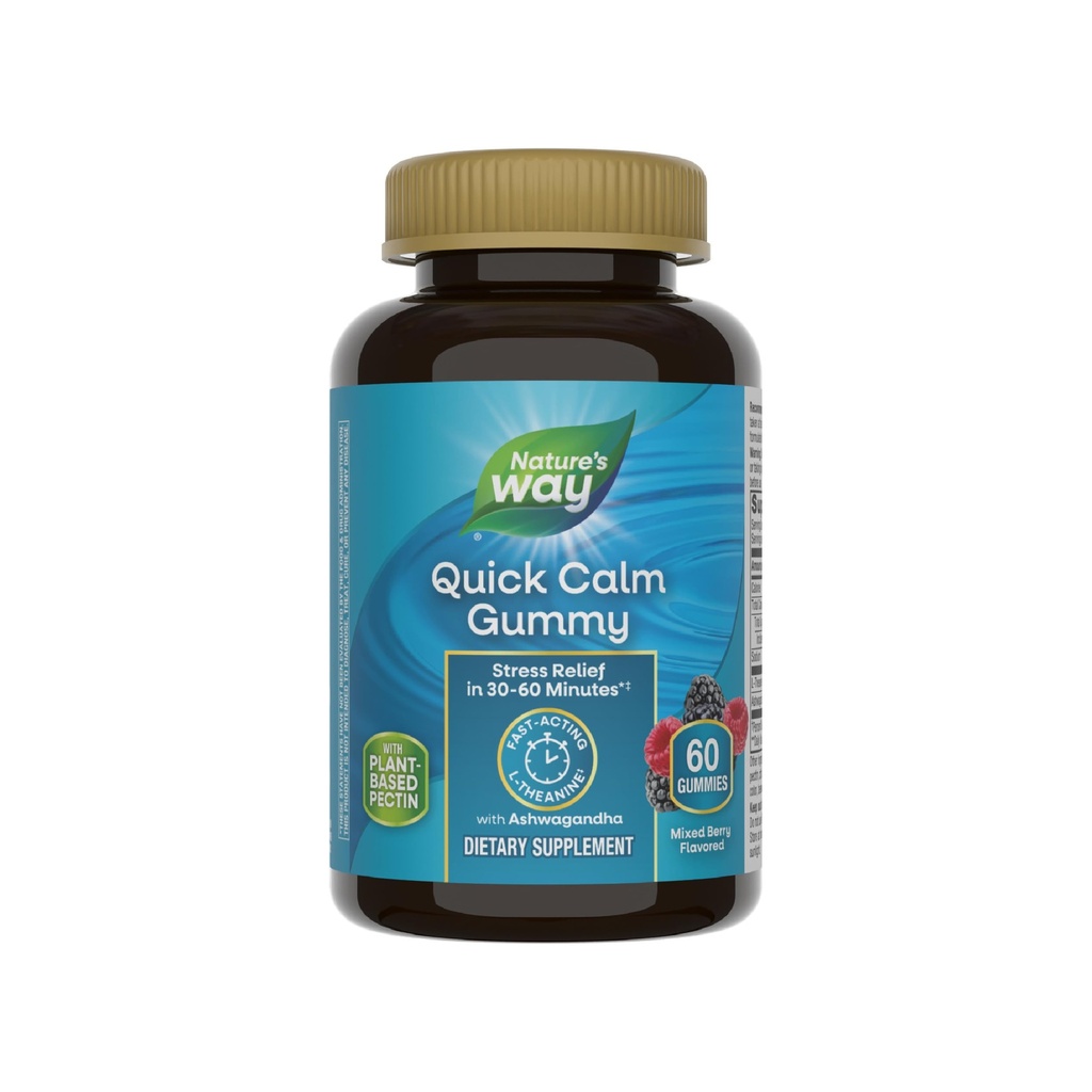 Nature's Way Quick Calm Gummies, L-Theanine for Relaxation*, Fast-Acting, Stress Relief from L-Theanine Within 30-60 Minutes*, with Ashwagandha, Vegetarian, Mixed Berry Flavored, 60 Gummies