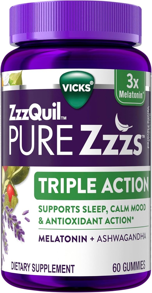 ZzzQuil PURE Zzs Triple Action, Melatonin Gummies, Melatonin 6mg, 3X Melatonin, Sleep Aid with Ashwagandha, Colm Mood, Antioxidant Action, Sleep Aids for peeders, 60 Sleep Gummies