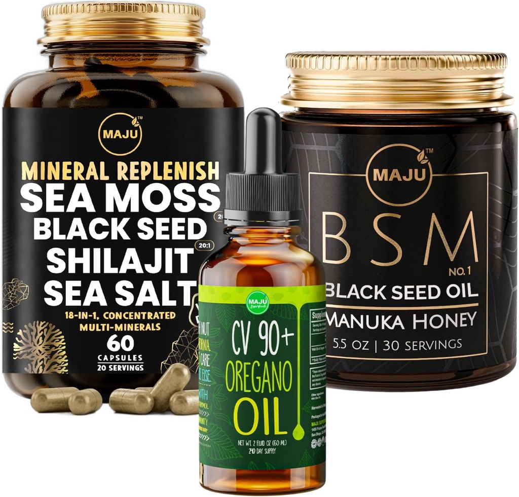 Maju Superfoods Oregano Oil, BSM no. 1 and Mineral Replenish Capsules