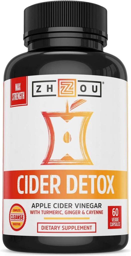 Zhou Cider Detox - Apple Cider Vinegar Capsules with Mother, Raw Natural ACV Pills for Women " Men, Herbal Complex supplement with Turmeric " Cayenne Pepper - 60 Vegan Capsules