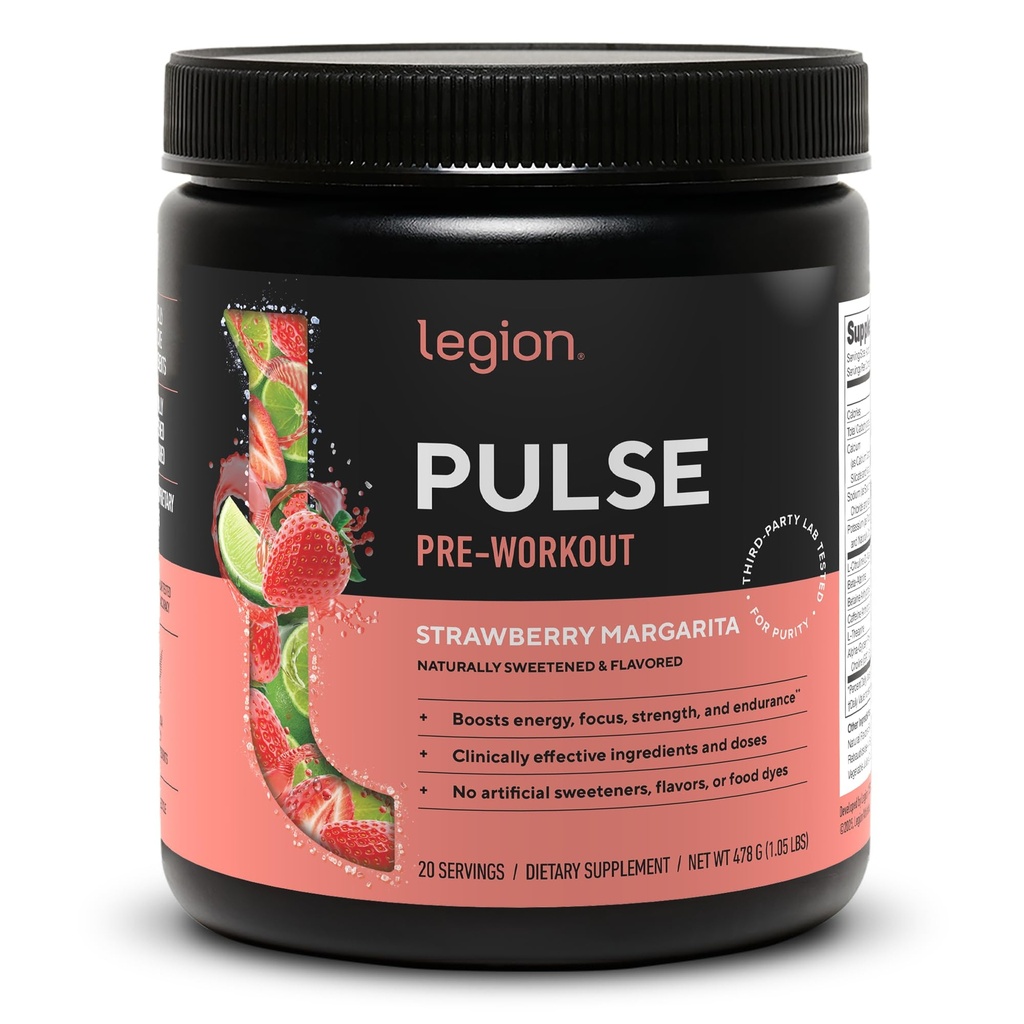 LEGION Pulse Pre Workout - All Natural Nitric Oxide Preworkout Drink to Boost Energy, Creatine Free, Naturally Sweetened, Beta Alanine, Citrulline, Alpha GPC (Strawberry Margarita)
