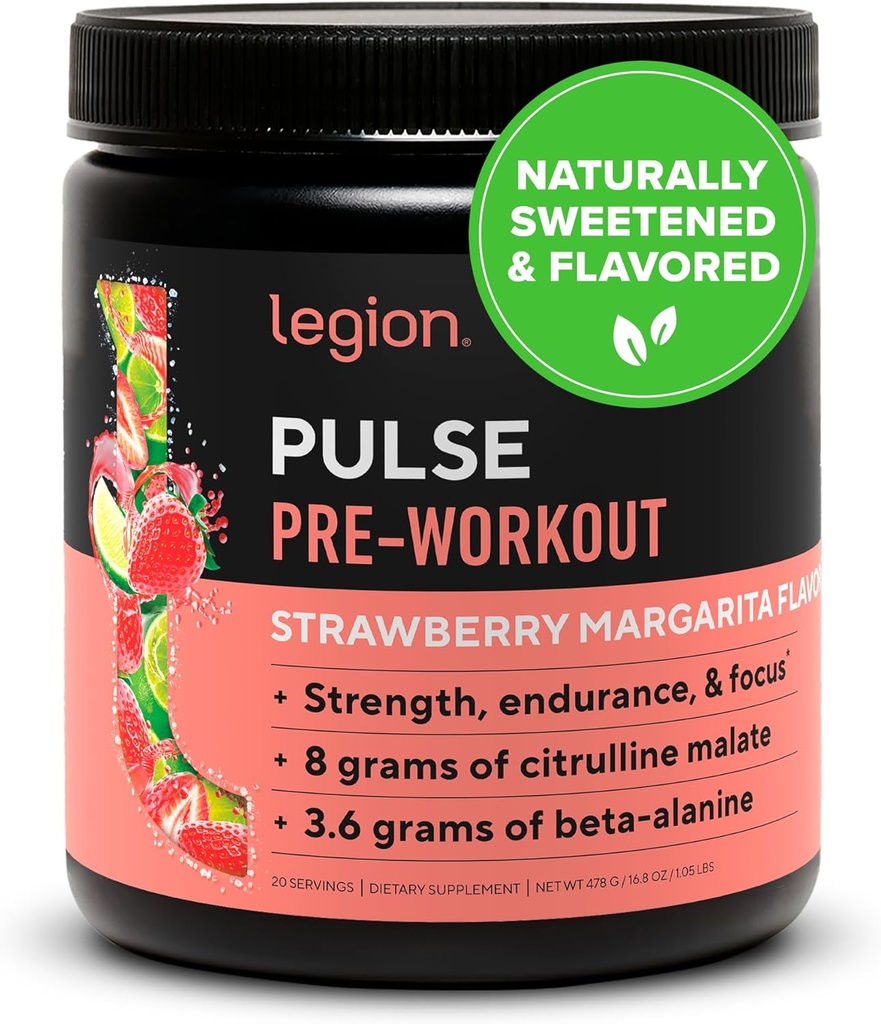 LEGION Pulse Pre Workout - All Natural Nitric Oxide Preworkout Drink to Boost Energy, Creatine Free, Sweetened, Betaine, Citrulline, Alpha GPC (Strawberry Margarita)