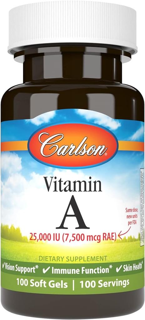 Carlson - Vitamin A, 25000 IU (7500 mcg RAE), Vizyon & Skin Health, Immune Function, 100 soft jels