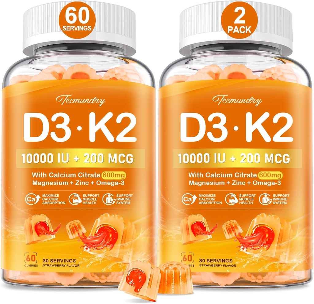 Vitamin D3 K2 5000IE / 10000 IE Gummies for voksne - K2 D3 Vitamin supplement med 600 mg Calcium, K2 (MK- 7) 200mcg, Magnesium, Zink, Omega-3 - Understøtter kalciumabsorption og immunforsvar