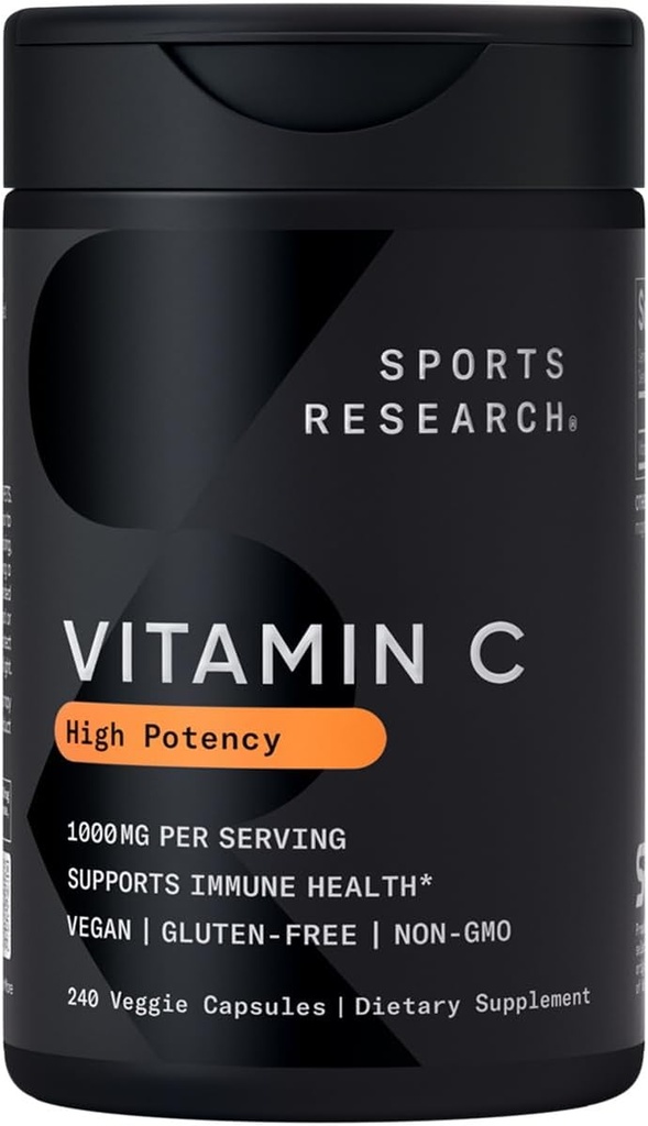 Sports Research High Potency witaminy C Suplement - Vegan Veggie Kapsułki przeciwutleniające Aktywność & Wsparcie immunologiczne - Non-GMO Zweryfikowane i Gluten Free - Kwas askorbinowy Witamina C 1000mg, 240 Count