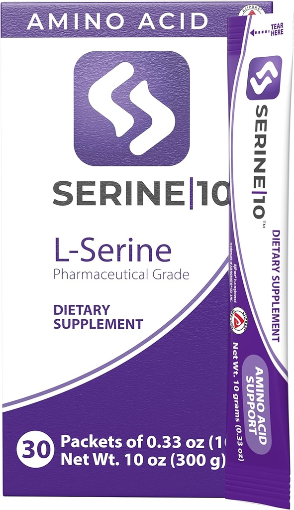 SERINE10 L-Serine Nootropics Packets - Support Brain Health, Memoria, Focus, & Produzione di serotonina, L-Tryptophan, & L-Cystine - 30 Premeasured Powder Packets con 10 Grammi (30000 mg)