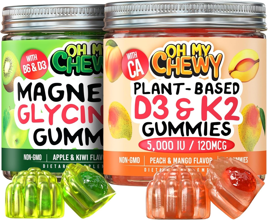 Магний + D3K2 Gummies Bundle - 2 бутылки (по 60 каждая) - Apple Kiwi & Peach Mango