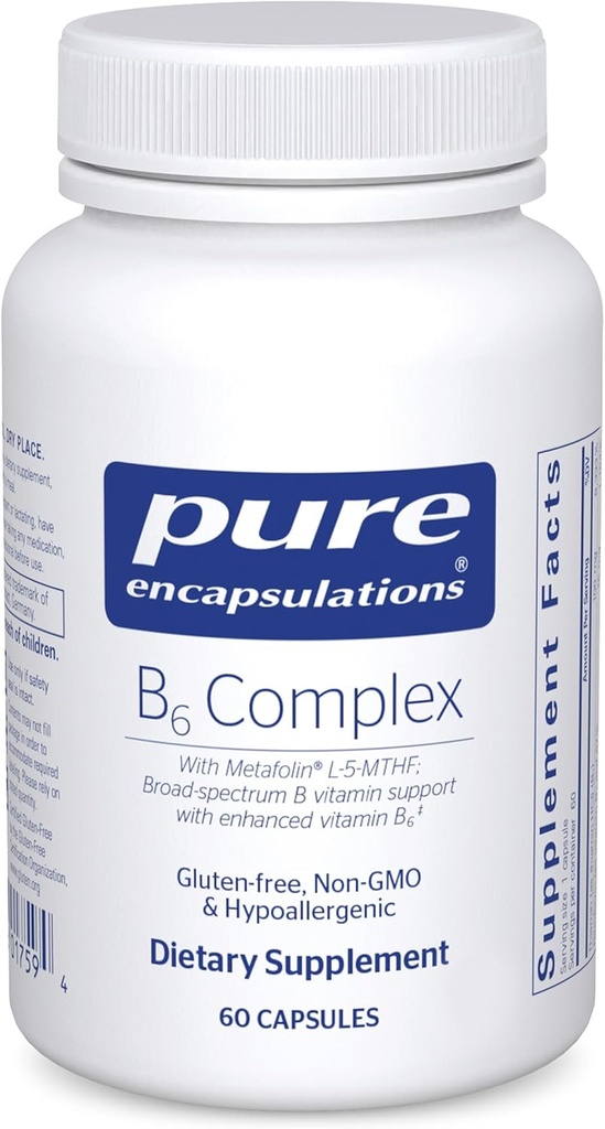 Complejo B6 encapsulaciones puras - Soportes Nervous System & Brain Health* - Incluye vitaminas B - Contiene vitamina B6 enriquecida - No GMO &amp; Gluten Gratis - 60 cápsulas