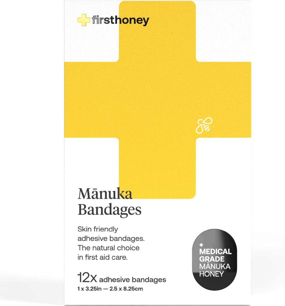 Pertama Honey Manuka Honey Adhesive Bandages 12 Pack 124; Latex Free, Antibiotic Free Wound Dressing 124; Medical Grade Honey Adhesive Paid 124; First Aid Care Burns, Cuts, Scrapes, Wounds, Lacerasi