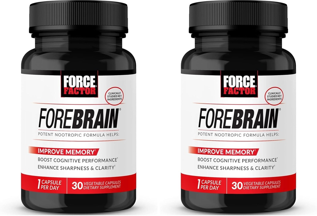 Forebrain Nootropic Brain Supplement för att förbättra minnet, öka fokus, öka mental energi och stödja hjärnhälsa med koffein, Bacopa och Huperzine A, Force Factor, 30 kapslar (Pack of 2)