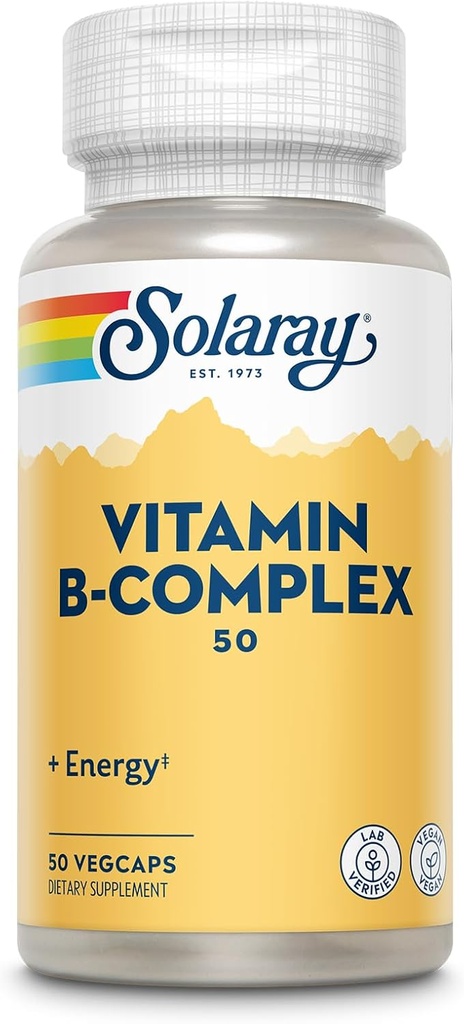 SOLARAY Vitamina B Complex 50 mg - Vitaminas de enerxía celular - Metabolismo e apoio á saúde nerviosa con vitamina B12, vitamina B1, B6, Niacina, ácido fólico, biotina e outras vitaminas B - Vegan, 50 VegCaps