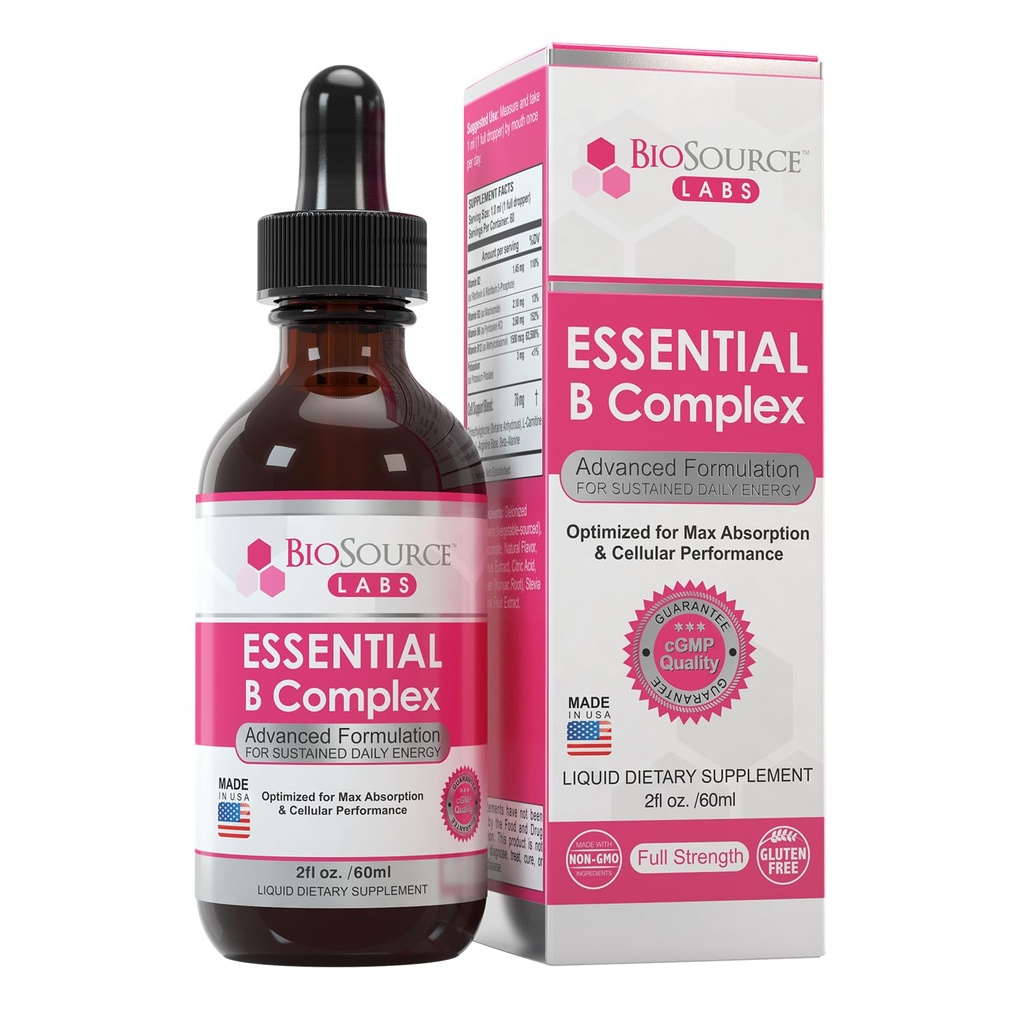 BioSource Labs Essential B Complex - Daily Vegan Vitamin B-Complex Sublingual Liquid Drops w/Methyl B12 (2oz / 60ml Bottle) - 60-Day Supply