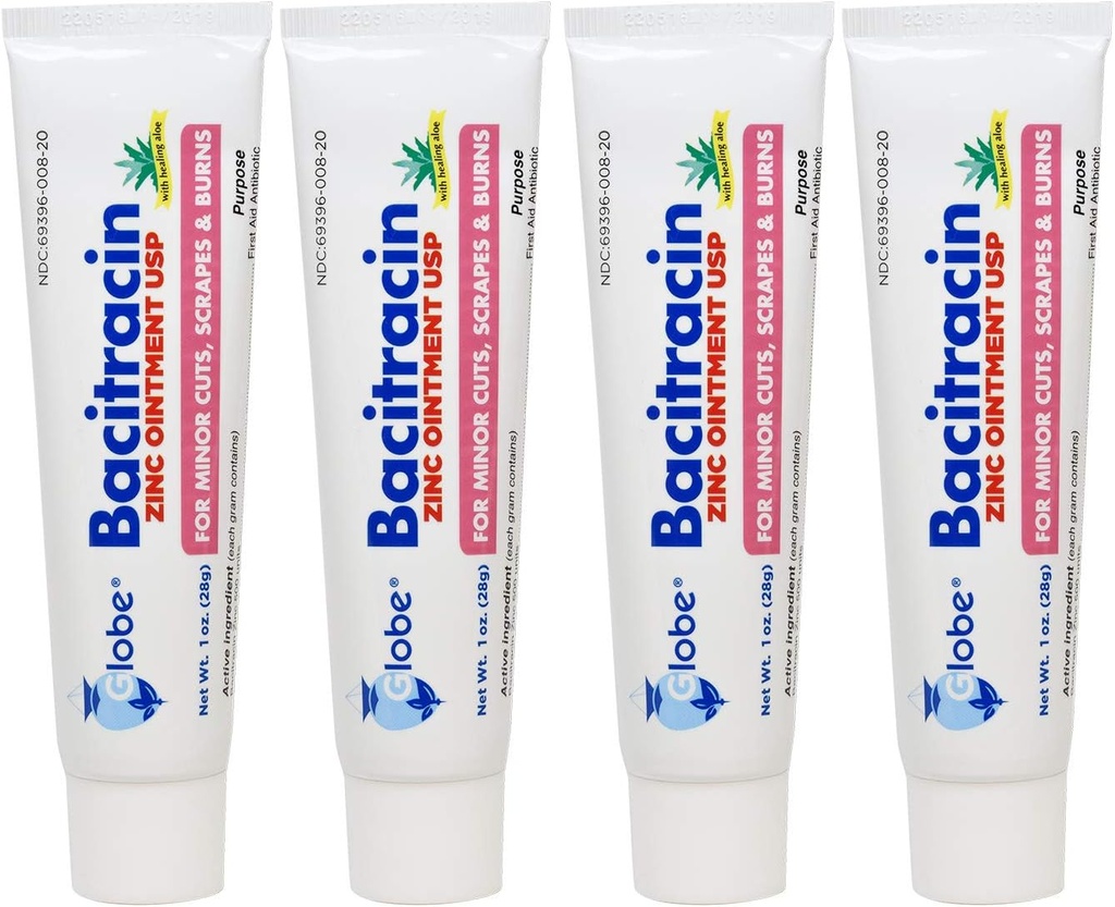 (4 Pack) Globe Bacitracin Zinkový Ointment + Aloe 1oz, Antibiotický Ointment, Základní antibiotický první pomoc Dodávky, Hojení Akce, Maximální antibiotická síla, Prevents Infekce v řezech, škrábance, Burns