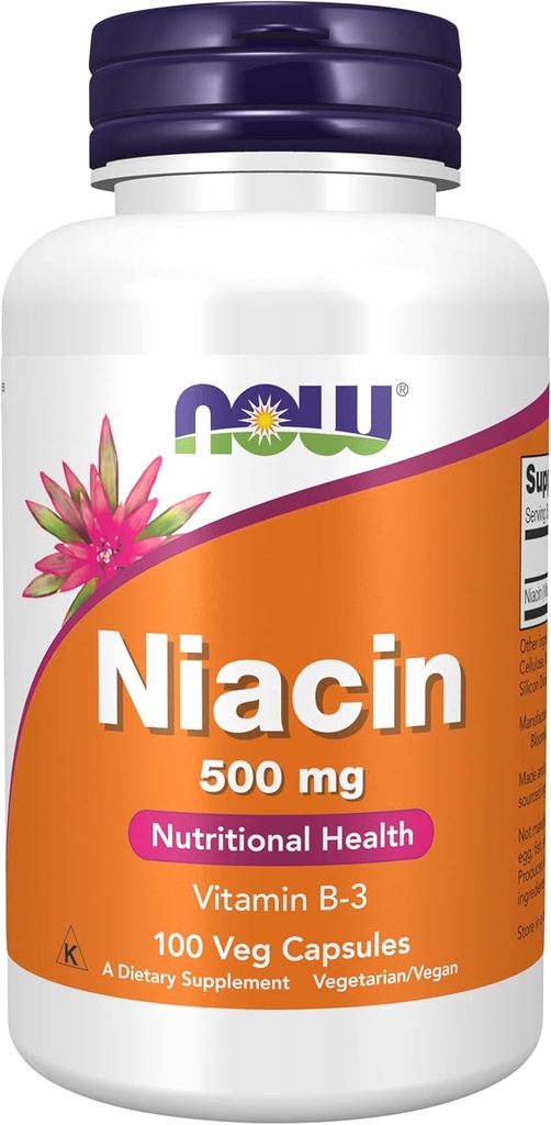 Suplementos Now Foods, Niacina (Vitamina B-3) 500 mg, vitamina B-grupo esencial*, saúde nutricional, 100 cápsulas