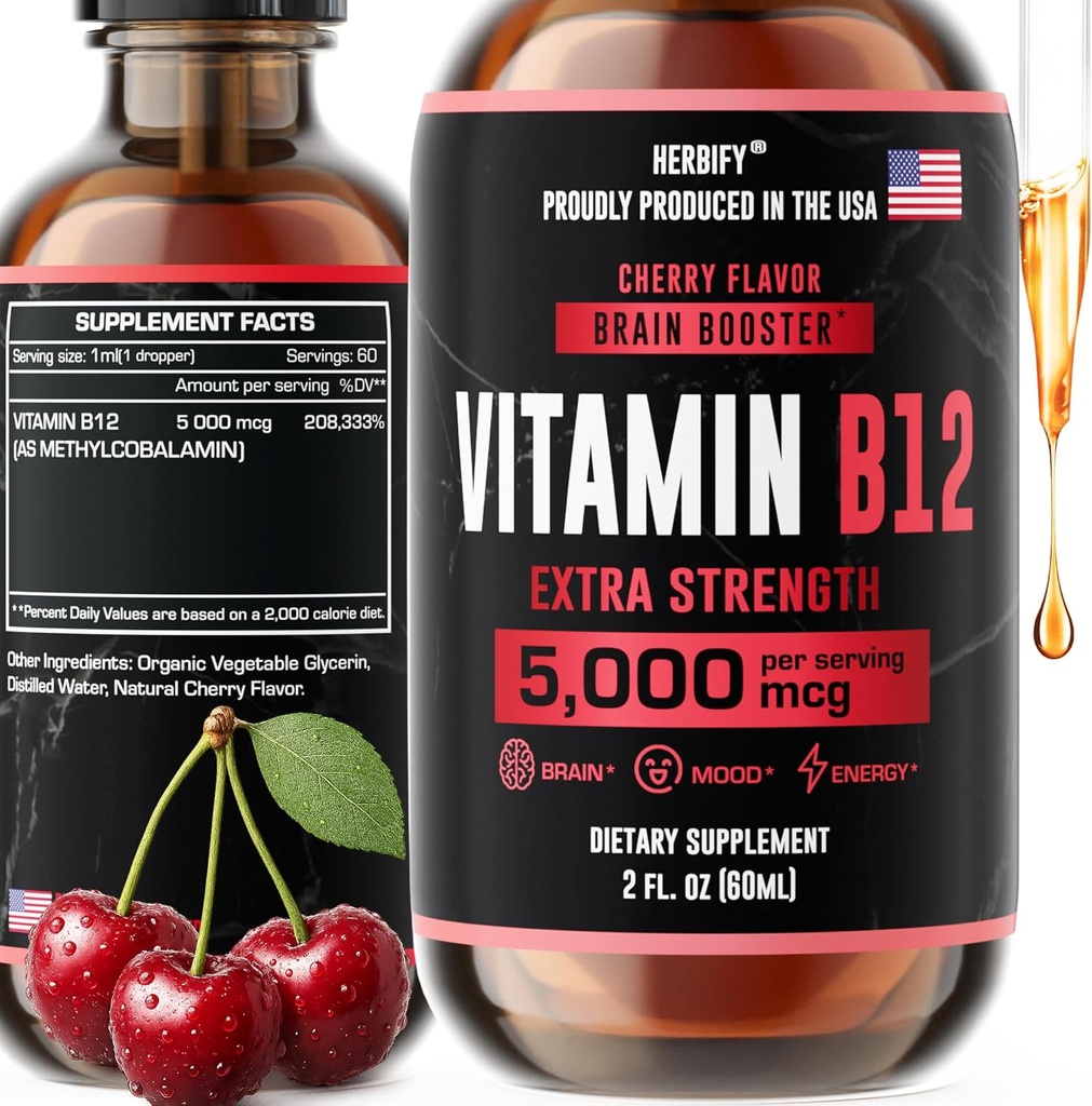HERBIFY 비타민 B12는 여자 & 남자를 위한 Multivitamin 에너지 보충교재 - 액체 B12 비타민 5000 Mcg Methylcobalamin - 에너지 지원과 면역력 액체 비타민 2 Oz를 메틸을 섞었습니다