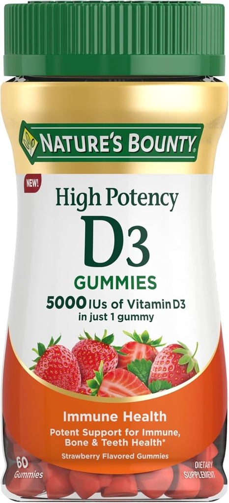 Витамин D 5000 IU Gummies, витамин D3 High Potency Immune Support & Bone Health Supplement, 5000 IU in 1 Gummy, Strawberry Flavor, 2 month Supply, 60 вегетарианских гумми для взрослых
