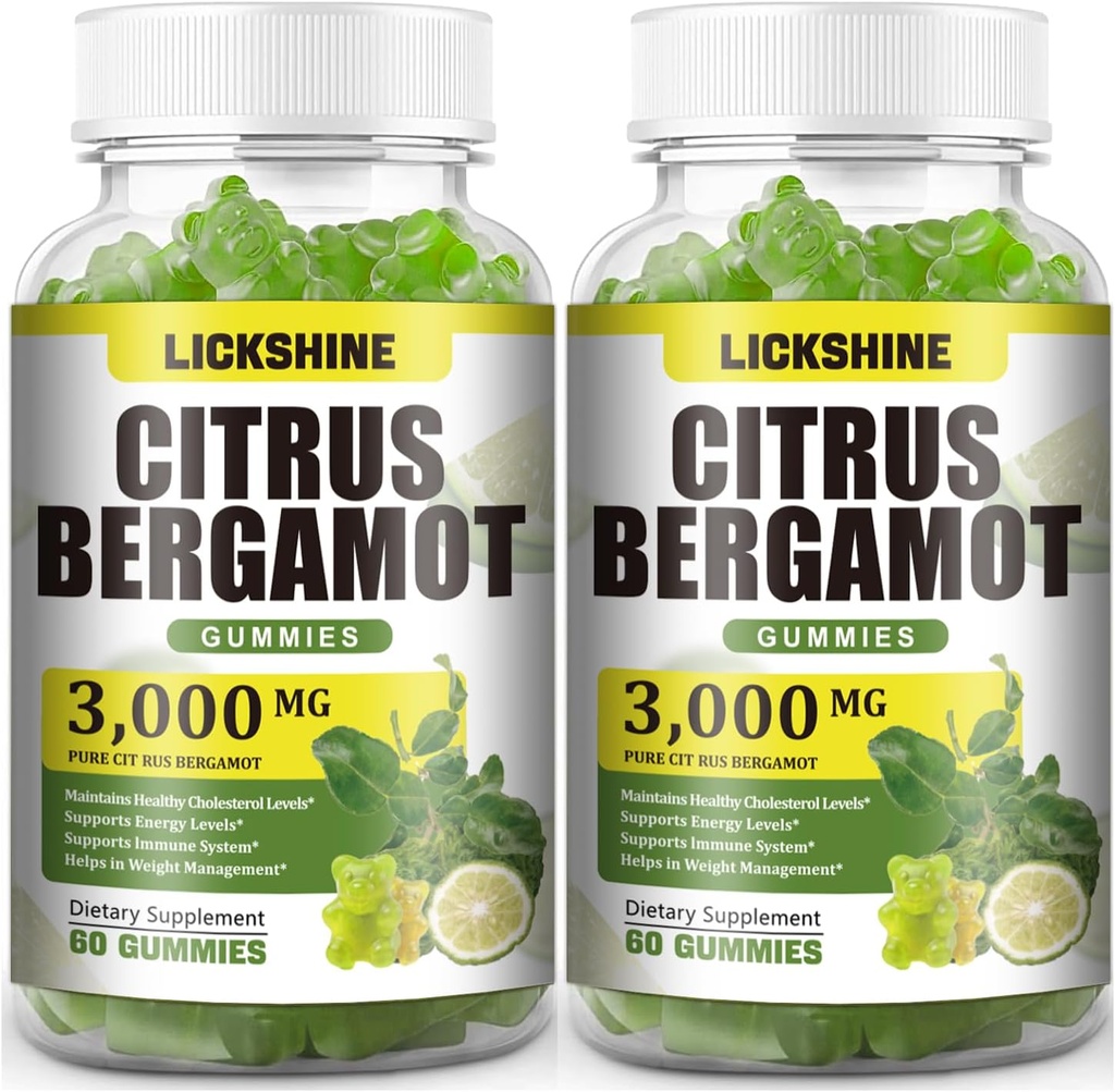 2 Pack 3000MG Citrus Bergamot Gummies - Citrus Bergamot Extract Cholesterol Lowering Addition for Immune Support Anti- Aging, Hight Cholesterol Sugare Free Vegan Lime Favor 120 Cts