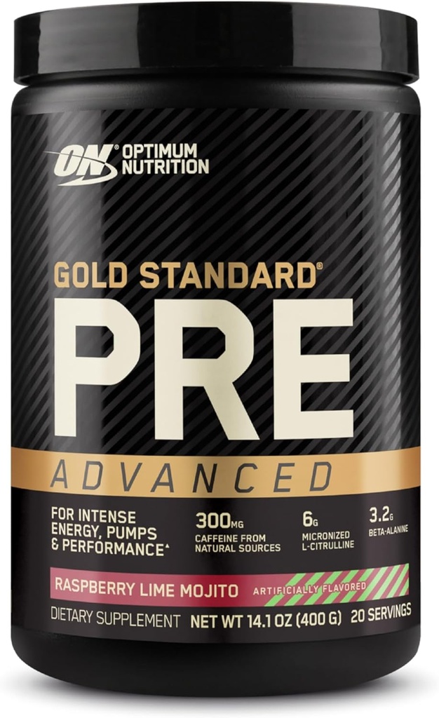 Optimum Nutrition Gold Standard Pre Workout Advanced, kreatiini, beeta-alaniini, mikroniseeritud L-tsitrulliini ja kofeiiniga energia jaoks, Keto Sõbralik, Vaarika Lime Mojito, 20 Servings