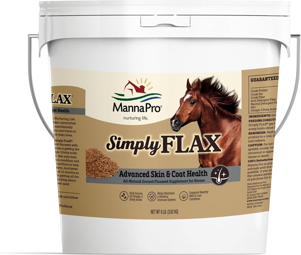 Manna Pro Simply Flax for Horses - Omega-3 Rich Flaxseed Supplement - Поддерживает здоровье шерсти, совместную функцию и иммунную систему - Естественный источник незаменимых жирных кислот - Наземный лен - 8 фунтов мешок