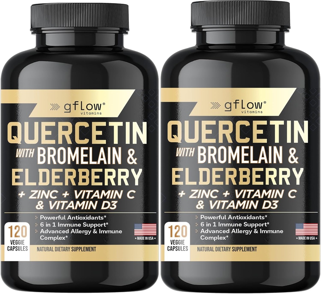 Quercetin Bromelain Tsink Vitamiin C Vitamiin D Elderberry - 120 Veggie Kapslid, Non-GMO, Gluteenivaba | Immune Support Supplement | Valmistatud USA | 4 kuud pakkumine