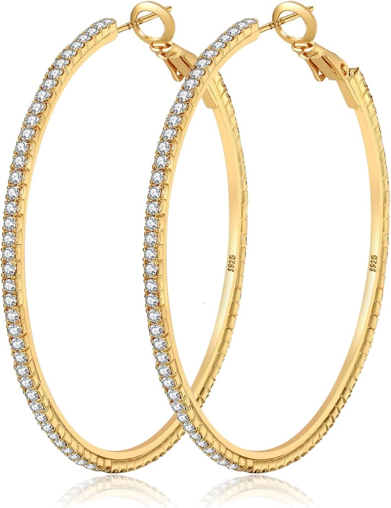 MOROTOLE 14K Gold Rhinestone Hoop Earrings - Fashion Thin Big Hoops, Hypoallergenic, 20/30/40/50/60/70mm