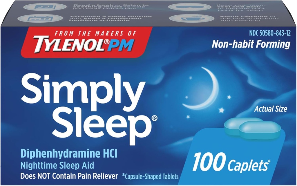 Tylenol פשוט Sleep Nighttime Sleep Caplets, 25 מ"ג Diphenhydramine HCl, non-Habit Forming Sleep Aid for Adults, 100 Count