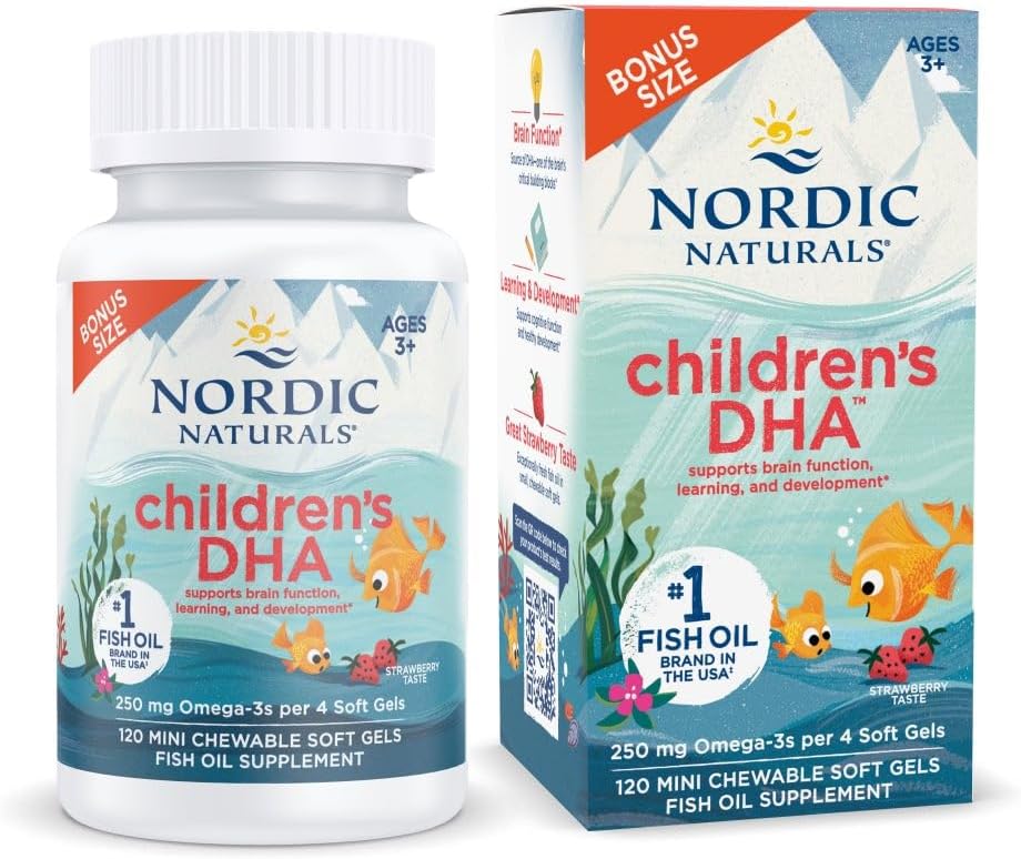 Naturals nórdicos DHA das crianças, morango - 120 Mini geles macios mastigáveis para crianças - 250 mg Omega-3 com EPA & DHA - Desenvolvimento do cérebro e função - Não-GMO - 30 Servings