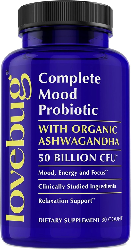 LoveBug Probióticos completos para mujeres - 50 millones CFU, 10 Strains clínicamente estudiados, Lactobacillus Bifidobacterium Probiótico con Ashwagandha Digestive Health, Mood Support Suplemento, 30 Conde