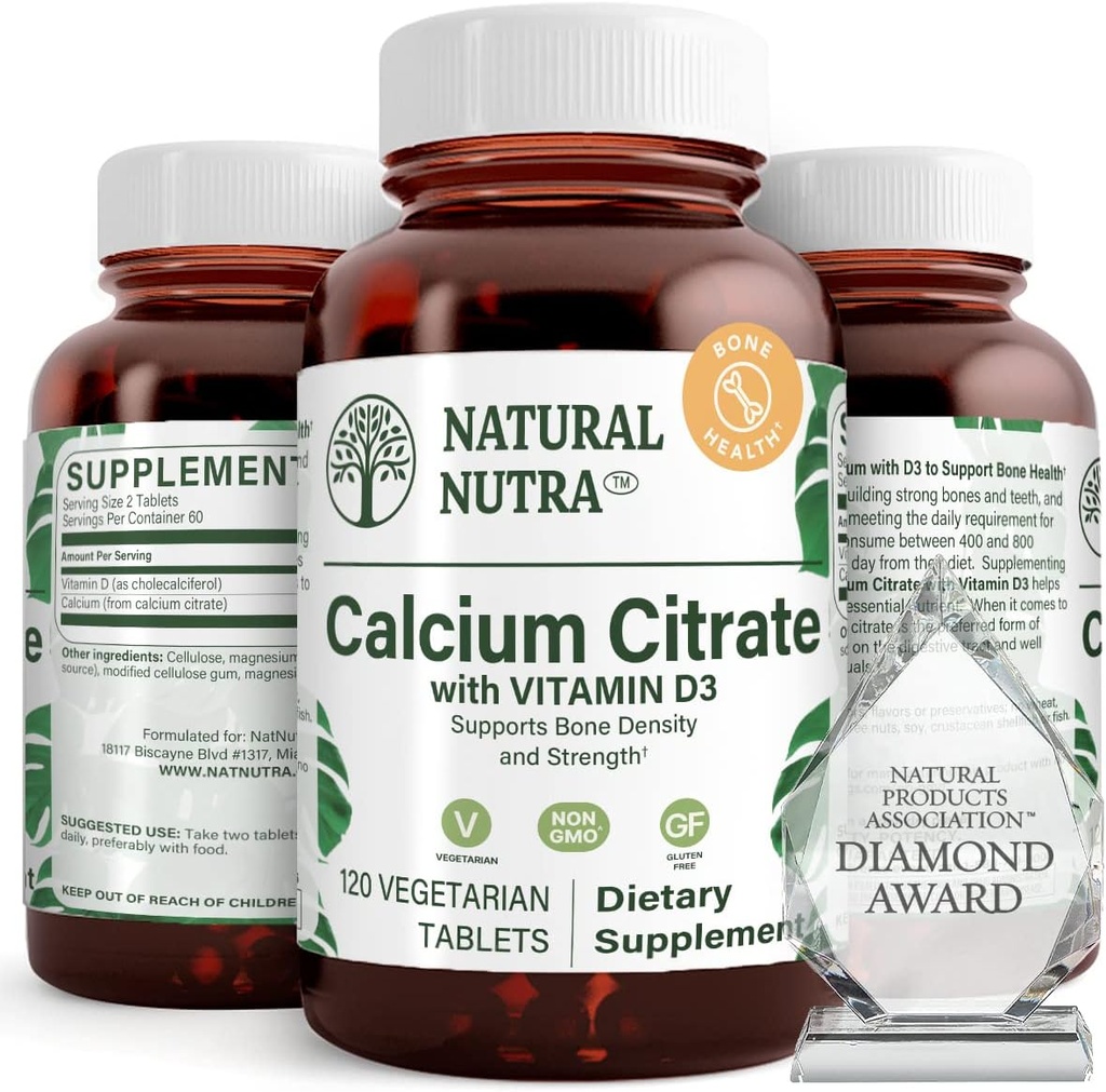 Natural Nutra Kalcium Citrate with Vitamin D3, Supplement for Bone Strength, Promotes Muscle Movements & Done Health, Boost Heart Health, Strengthen Bone Denzity, Ideal for Active Seniors, 120 tabletta