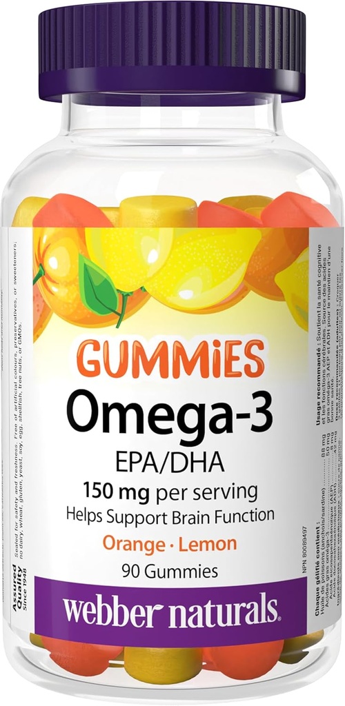 Webber Naturals Omega-3 Gummies 50 mg EPA/DHA · EPA/DHA, Laranja · Cereja · Limão, 90 chicletes