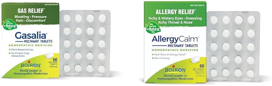 Boiron Gasalia Tablets 60 count and AllergyCalts 60 count for Relief from Gas, Bloating, Allergies, and Hay Fever