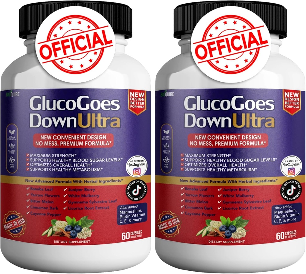 GlucoGoes Down Ultra Dietary Supplement, 120 kapslar, Maximal Styrka, Stöder Hälsosamma blodsockernivåer, Optimerar Total Hälsa - Pack 2
