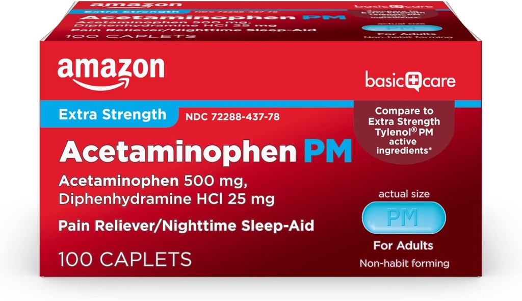   Basic Care Acetaminophen PM Caplets, Pain Reliever Plus Nighttime Sleep Aid, Extra Strength, Helps Occasional Minor Aches, Pains and Headache Relief, 100 Count, Packaging may vary