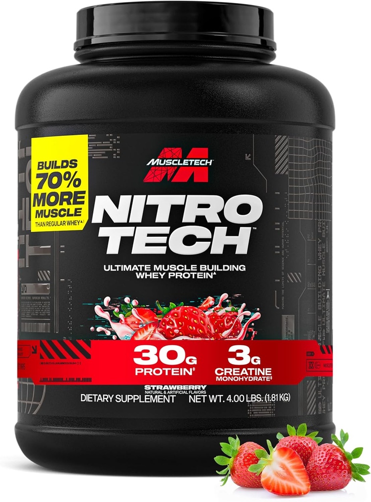 Muscletech Whey Protein Powder (Strawberry, 4 Pound) - 글리 Protein Isolate가있는 니트로 테크 궁극적 인 근육 건물 공식 - 단백질 30g, Creatine 3g 및 6.8g BCAA - 포장 May Vary