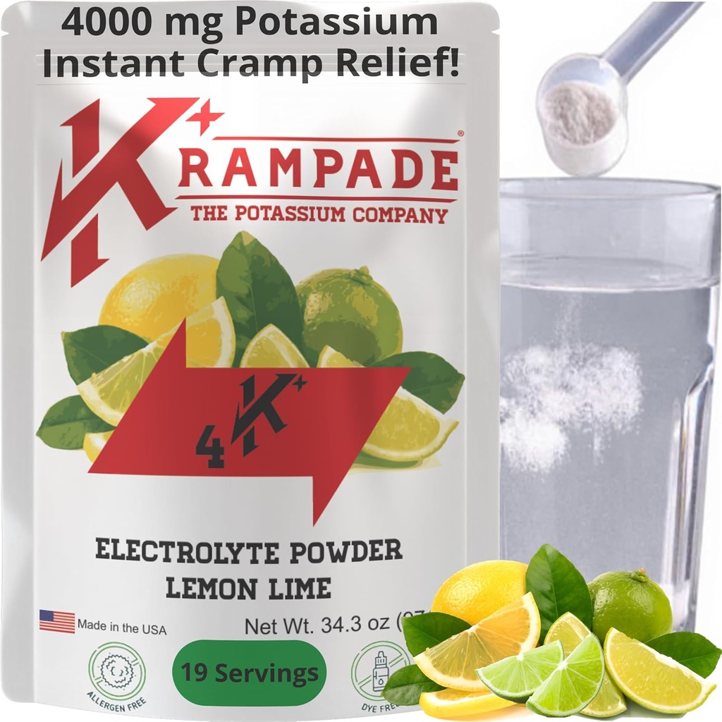 Krampade Original Limão 4K, 4000 mg Potássio Instant Cram Alivio Electrolyte Drink Powder □ Projetado para Atletas e Crampers
