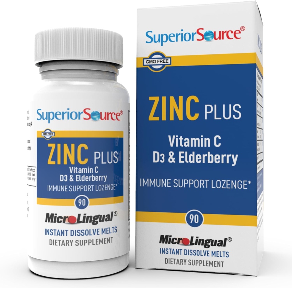 Fonte superior Zinc Plus - Imune Sistema Suplemento de Apoio à Saúde - Vitamina C, Elderberry e Vitamina D3-90 Comprimidos de dissolução instantânea