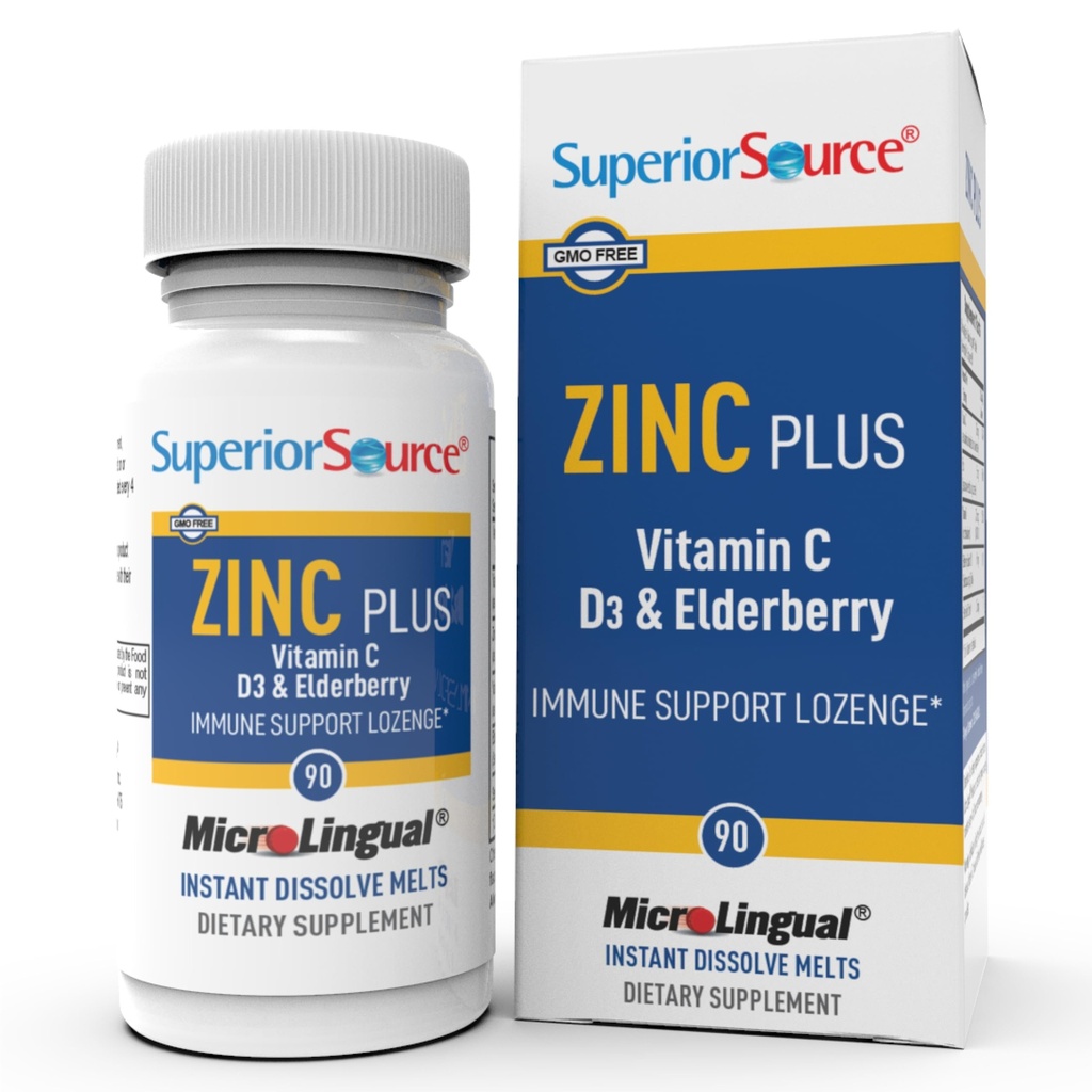Superior Source Zinc Plus - Immune System Health Support Supplement - Vitamin C, Elderberry & Vitamin D3-90 Instant Dissolve Tablets