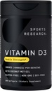 Sports Research® Vitamina D3 4000 IU con aceite MCT de coco - Suplemento de vitamina D de dobre forza - Gluten gratis · Soy libre - 360 Conde Softgels
