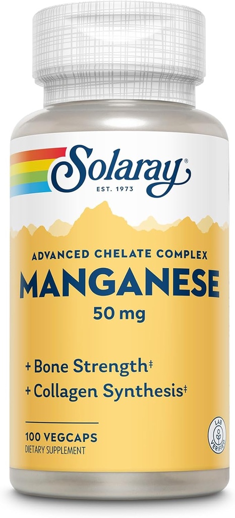SOLARAY Mangán doplnok 50 mg - Essential Trace Minerals - Advanced Trace Minerals Supplements for Bone Strength and Bone Health Support - Lab Overené, 60-dňová záruka, 100 Servings, 100 VegCaps