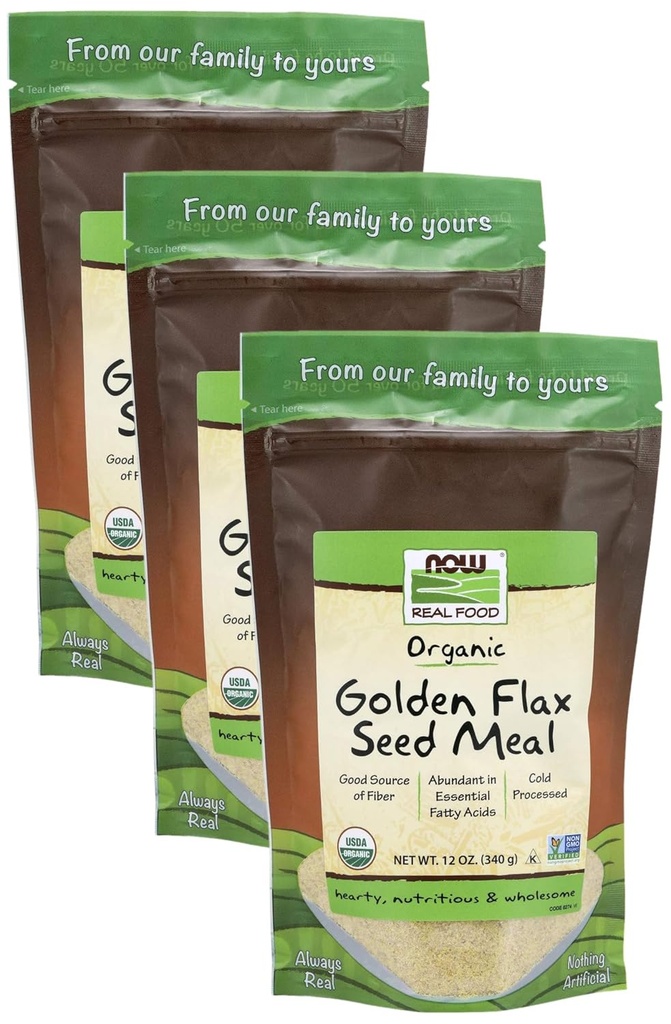 NOW Foods, Organic Golden Flax Seed Meal, Source of Essential Fatty Acids and Fiber, Cold-Processed, Certified Non-GMO, 12-Ounce (Packaging May Vary) (Pack of 3)