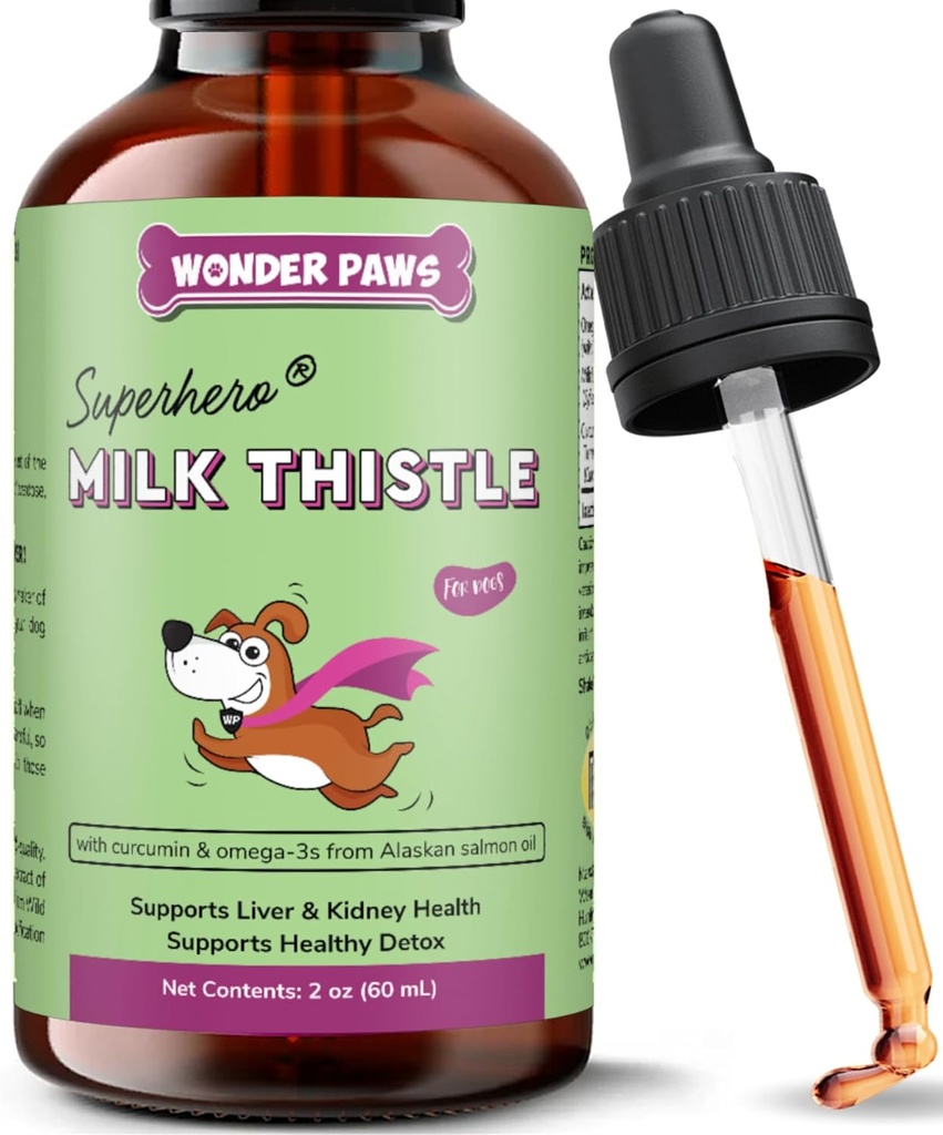 Wonder Paws Milk Thistle, suporte de fígado para cães, suporta função renal para animais de estimação, detox, suporte hepático, com óleo de salmão do Alasca selvagem & Curcumin, Omega 3 EPA & DHA (2 Oz)