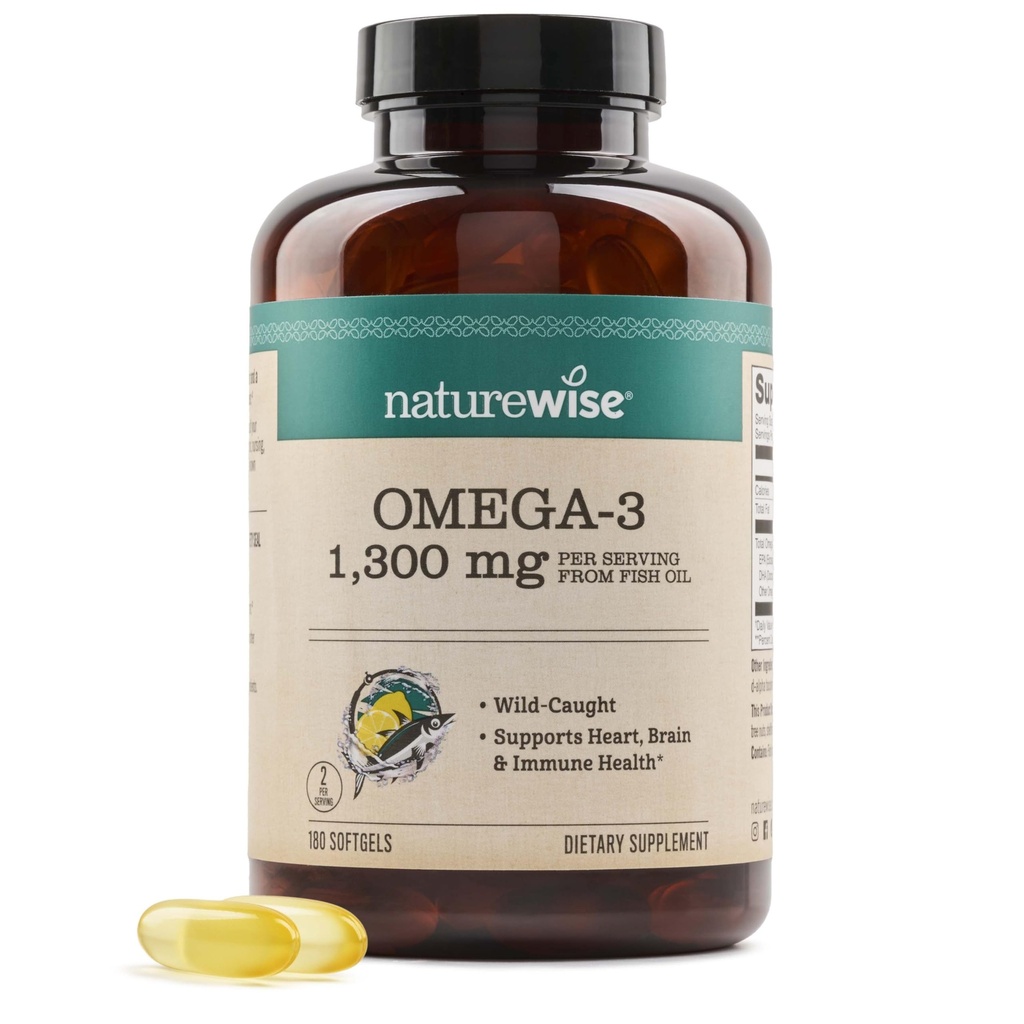 NatureWise Ultra Omega 3 Fish Oil 2200 mg – 1300 mg Omega-3 - Triglyceride Form - Lemon Flavor - Wild-Caught Fish Oil + EPA & DHA - Burpless, Non-GMO - 180 Softgels[3-Month Supply]